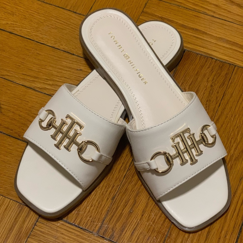 Tommy Hilfiger White Slide Sandals with Gold Hardware